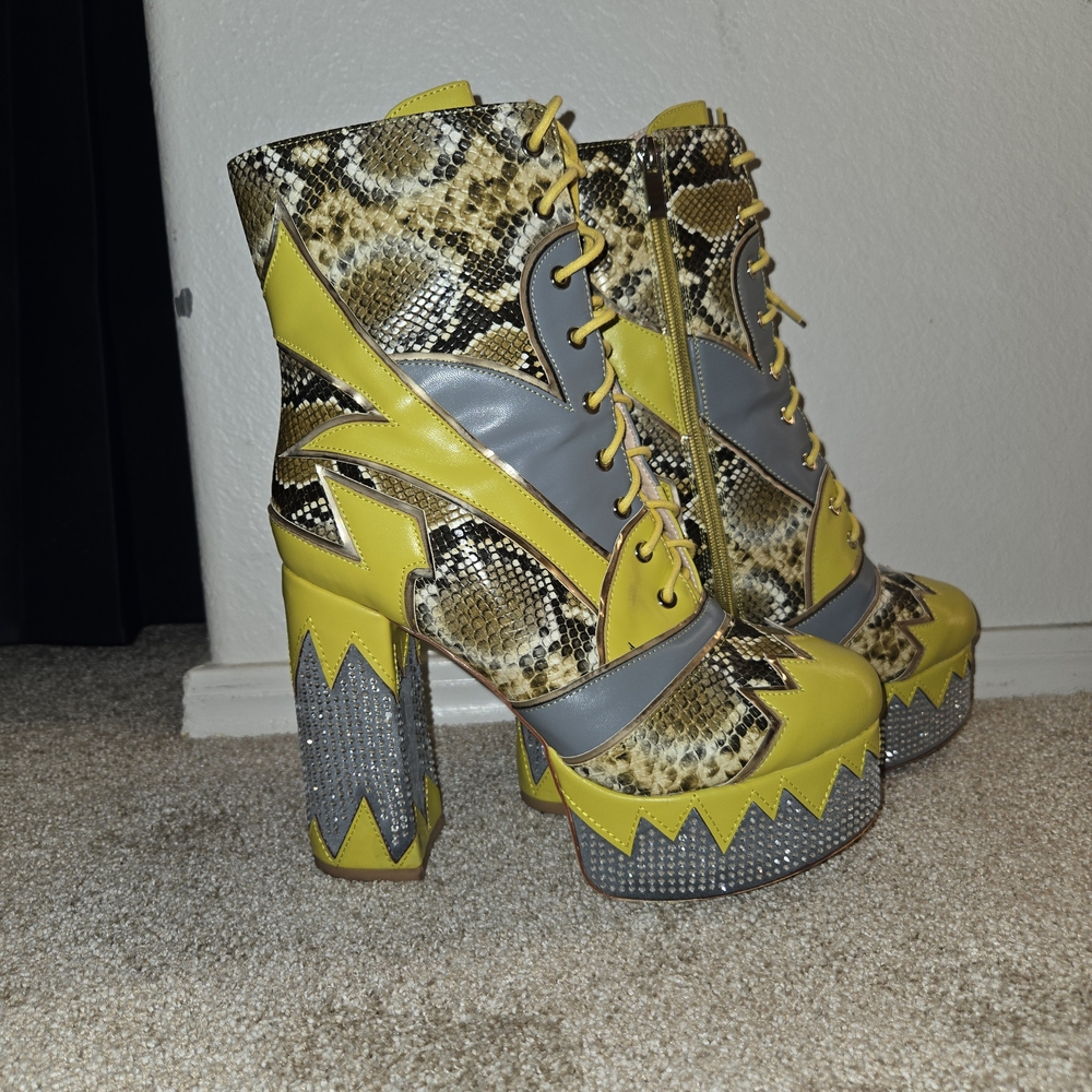 Vibrant Yellow and Gray Snakeskin Ankle Boots